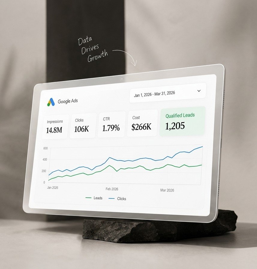 Google Ads Growth Dashboard on tablet display